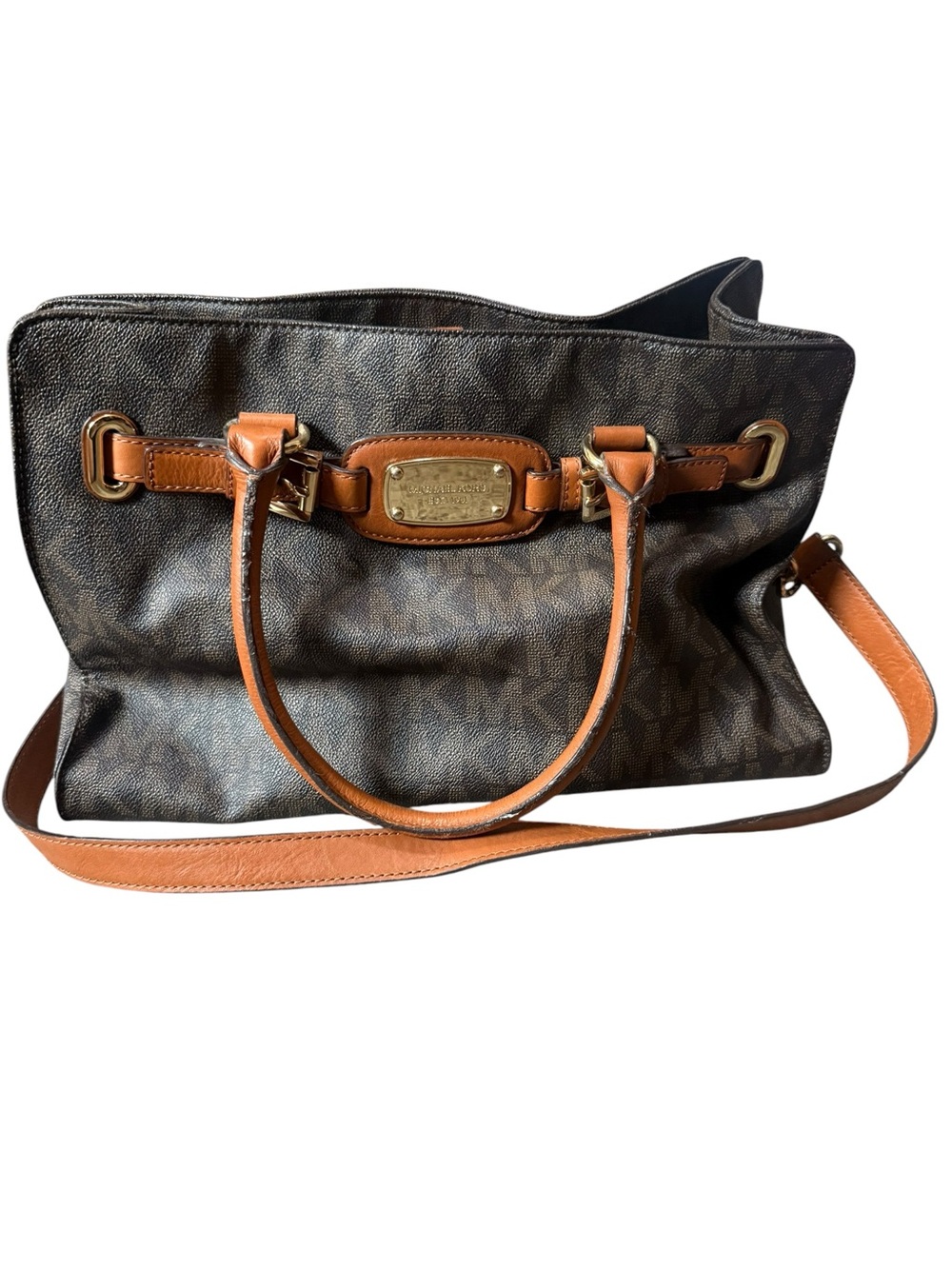 Michael Kors Brown Monogram Hamilton Shoulder Bag with Tan Leather Trim